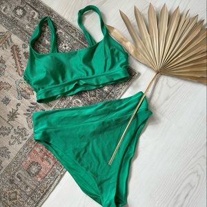 Aerie Green Ribbed Scoop Bikini Top (L) & Matching High Waisted Bottom (XL)